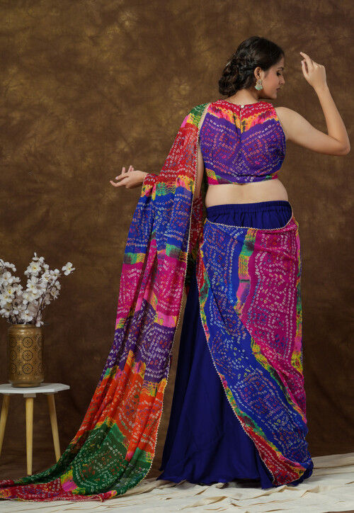 Bandhej Printed Georgette Crop Top in Multicolor and Royal Blue