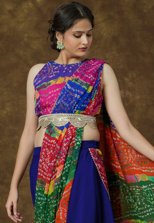 Bandhej Printed Georgette Crop Top in Multicolor and Royal Blue