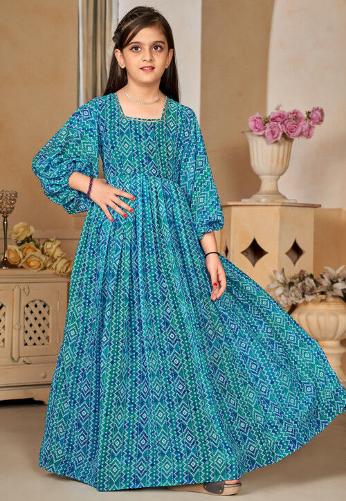 Bandhej Printed Georgette Gown in Teal Blue