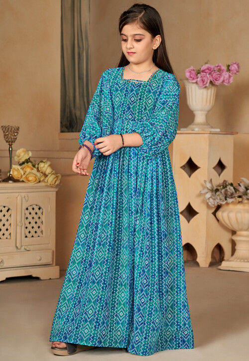 Bandhej Printed Georgette Gown in Teal Blue