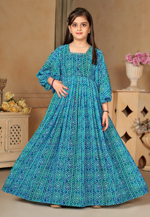 Bandhej Printed Georgette Gown in Teal Blue