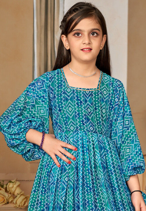 Bandhej Printed Georgette Gown in Teal Blue
