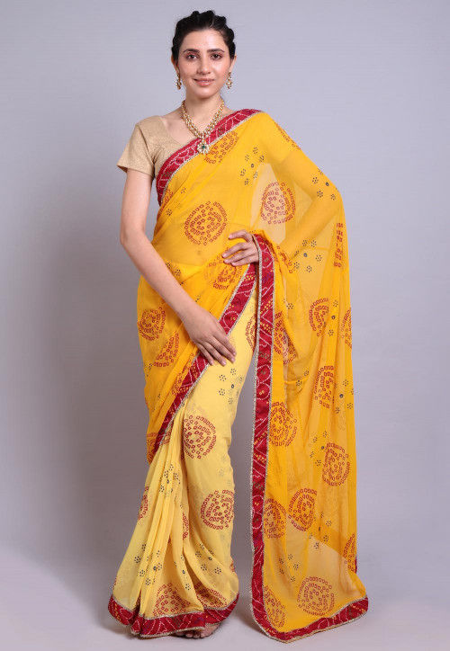 Bandhej Printed Georgette Half N Half Saree in Yellow
