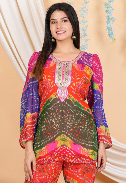 Bandhej Printed Georgette Kurti in Multicolor
