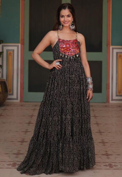 Bandhej Printed Georgette Maxi Dress in Black