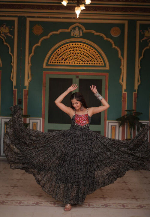 Bandhej Printed Georgette Maxi Dress in Black