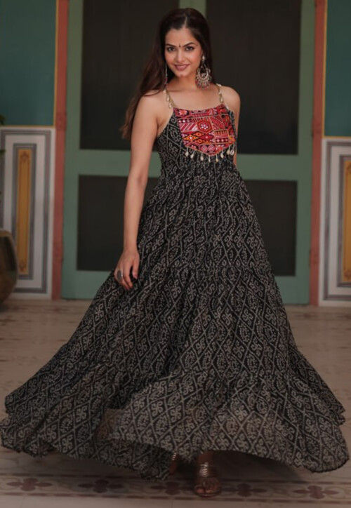 Bandhej Printed Georgette Maxi Dress in Black