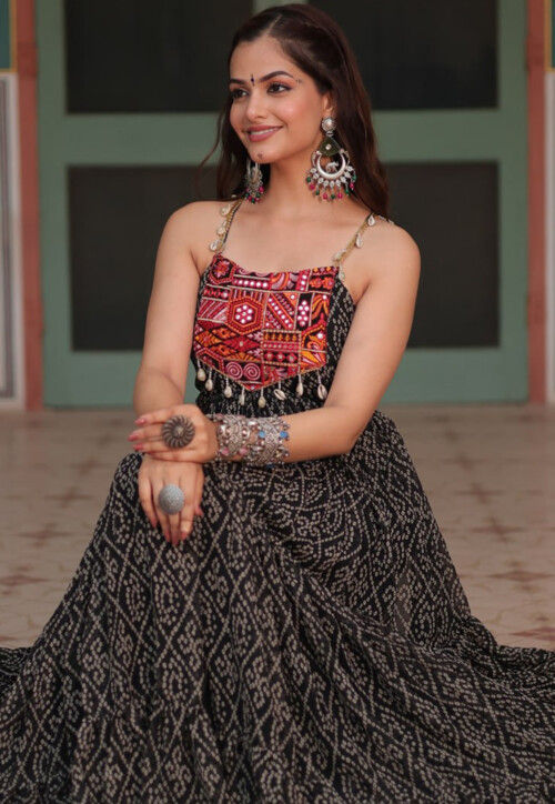 Bandhej Printed Georgette Maxi Dress in Black