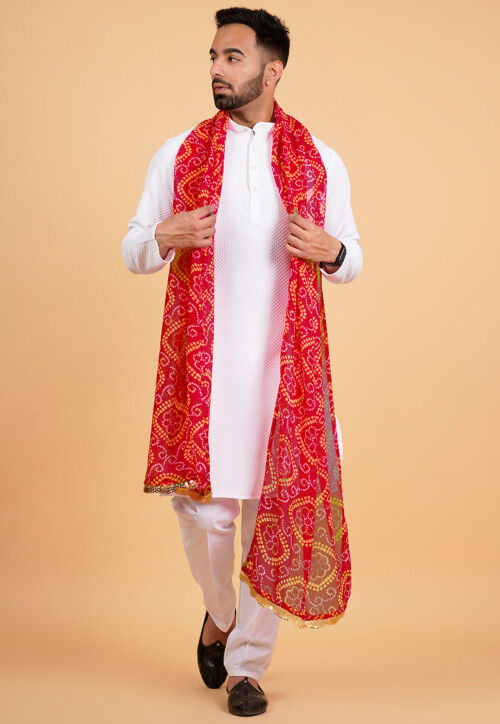 Bandhej Printed  Georgette Mens Dupatta in Red