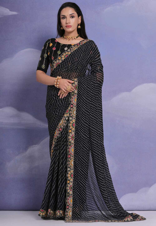 Bandhej Printed Georgette Saree in Black