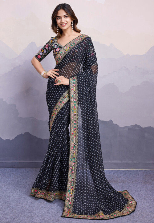 Bandhej Printed Georgette Saree in Black