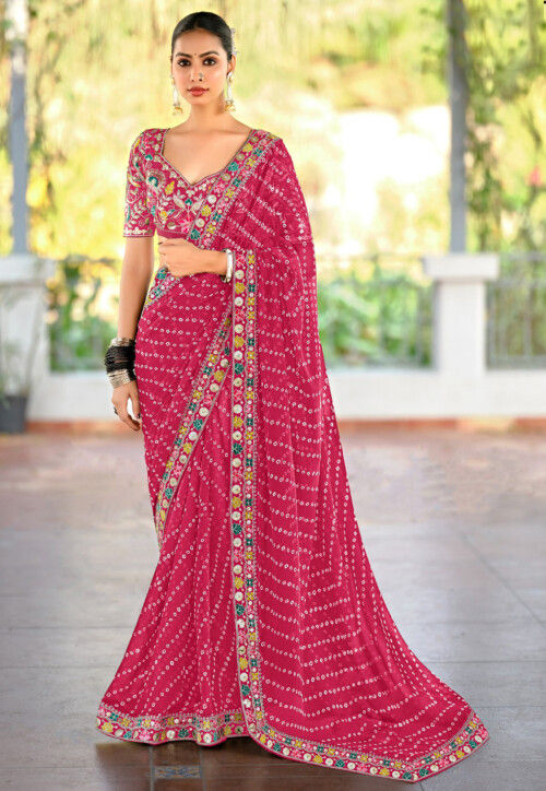 Women Party Wear Bandhej Printed Georgette Saree with Un Stitched Blouse