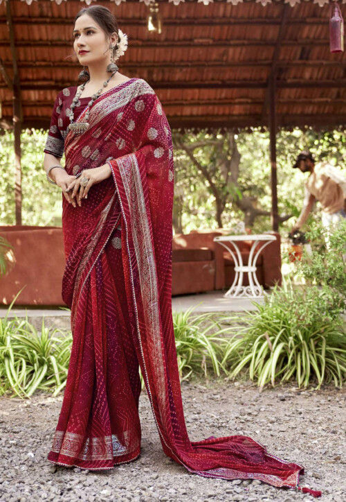 Bandhej Printed Georgette Saree in Maroon