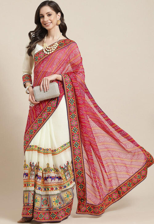 Buy Bandhej Printed Georgette Saree in Pink and Cream Online SQE906 Utsav Fashion