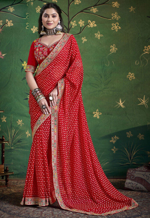 Bandhej Printed Georgette Saree in Red