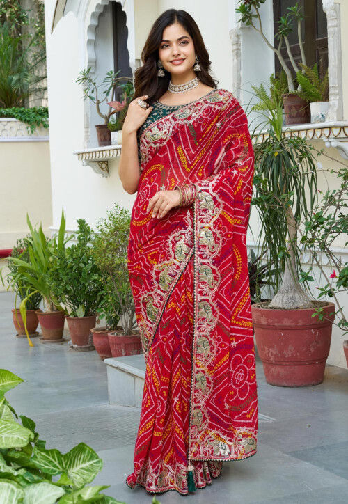 Bandhej Printed Georgette Saree in Red