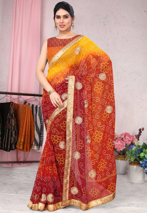 Mustard Red Ombre Bandhej Foil Printed Georgette Bridal Jaipuri Saree