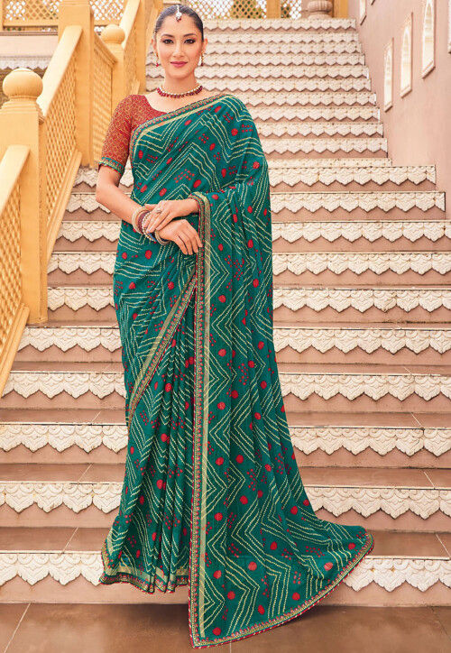 Bandhej Printed Georgette Saree in Teal Green