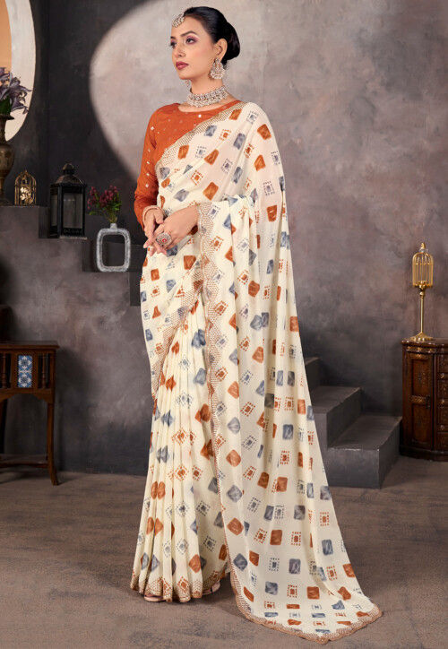 Bandhej Printed Georgette Scalloped Saree in Cream