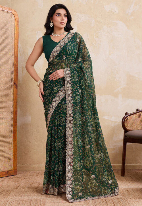 Buy Bandhej Printed Georgette Scalloped Saree in Dark Green Online ...