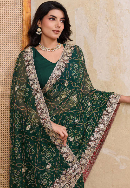 Buy Bandhej Printed Georgette Scalloped Saree in Dark Green Online ...