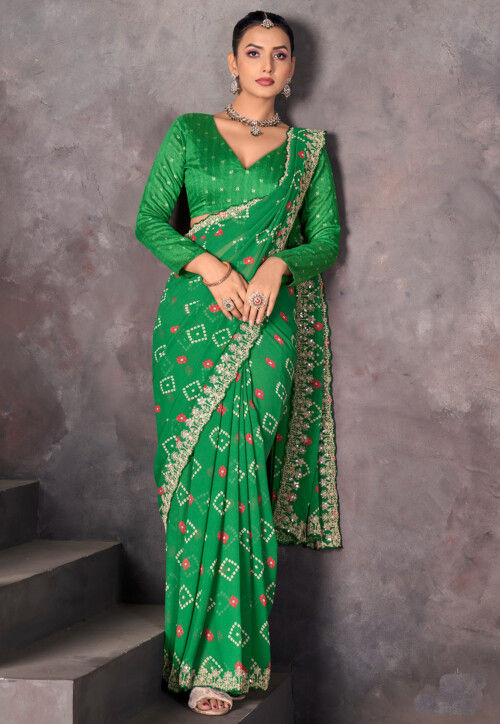 Bandhej Printed Georgette Scalloped Saree in Green