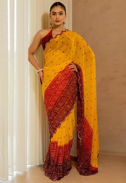Bandhej Printed Georgette Scalloped Saree in Yellow