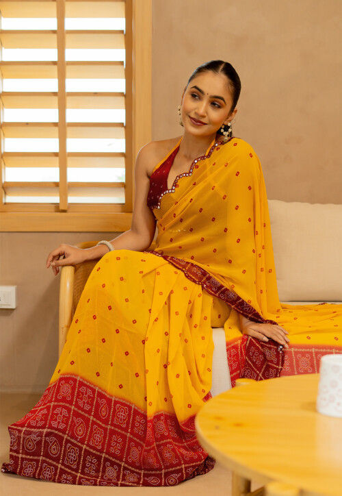 Bandhej Printed Georgette Scalloped Saree in Yellow