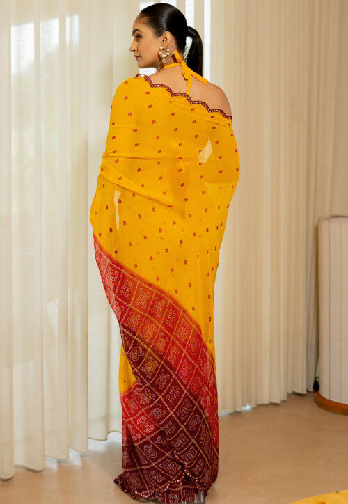 Bandhej Printed Georgette Scalloped Saree in Yellow