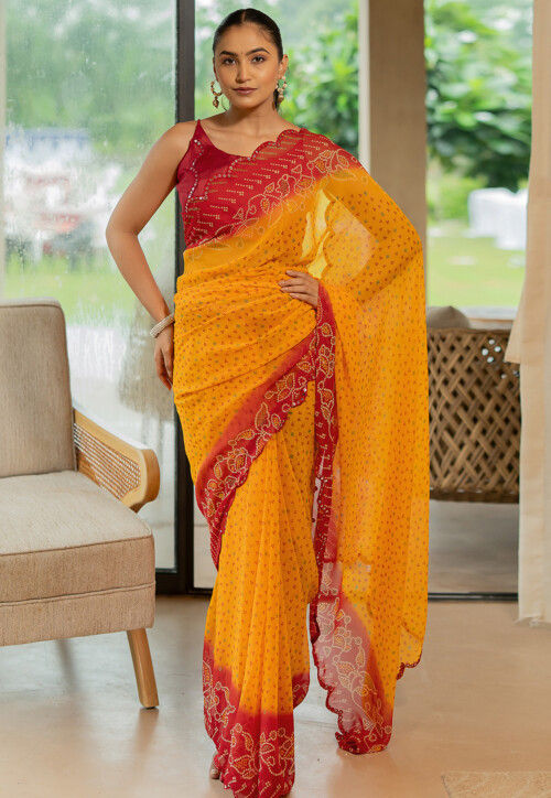 Bandhej Printed Georgette Scalloped Saree in Yellow