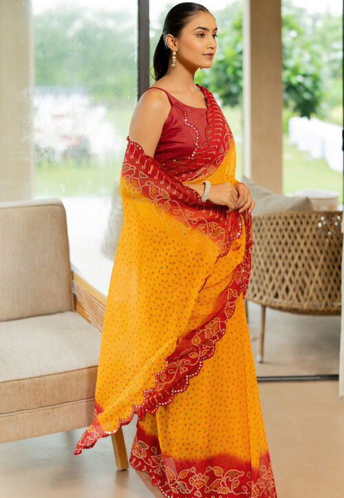 Bandhej Printed Georgette Scalloped Saree in Yellow