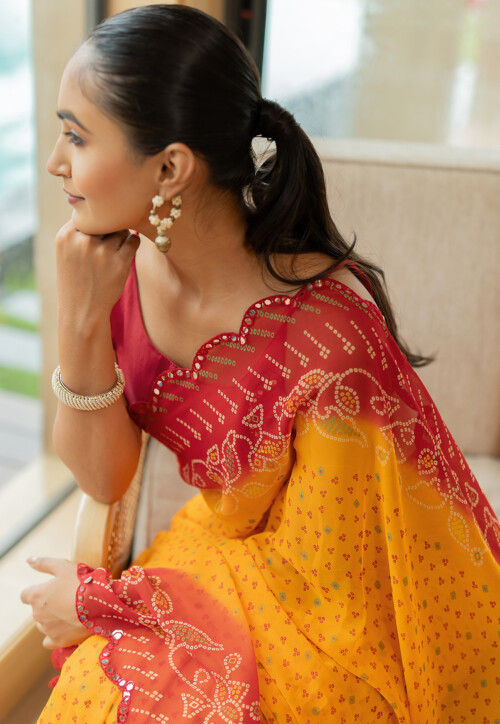 Bandhej Printed Georgette Scalloped Saree in Yellow