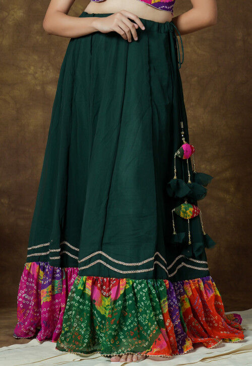 Bandhej Printed Georgette Skirt in Dark Green