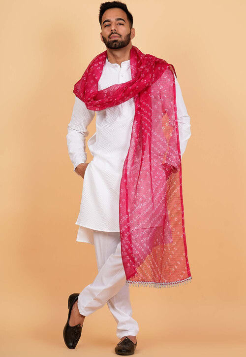 Buy Bandhej Printed Kota Doria Men Dupatta in Fuchsia Online