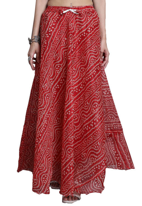 Bandhej Printed Kota Doria Skirt in Red