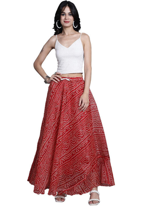 Bandhej Printed Kota Doria Skirt in Red