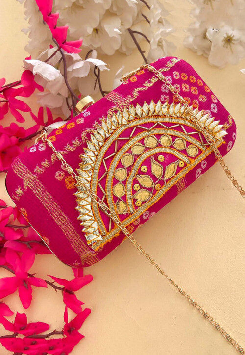 Bandhej Printed Kota Doriya Clutch Bag in Pink