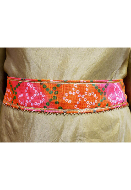 Bandhej Printed Kota Silk Adjustable Waist Belt in Shaded Pink and Orange