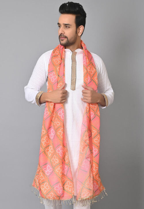 Bandhej Printed Kota Silk Dupatta in Orange and Pink