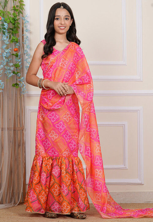 Buy Bandhej Printed Kota Silk Gown with Attached Dupatta in