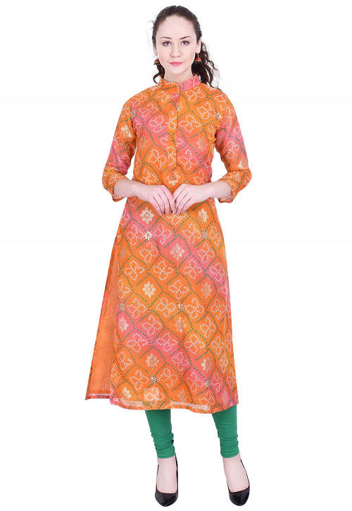 Bandhej Printed Kota Silk Kurta in Shaded Orange and Pink