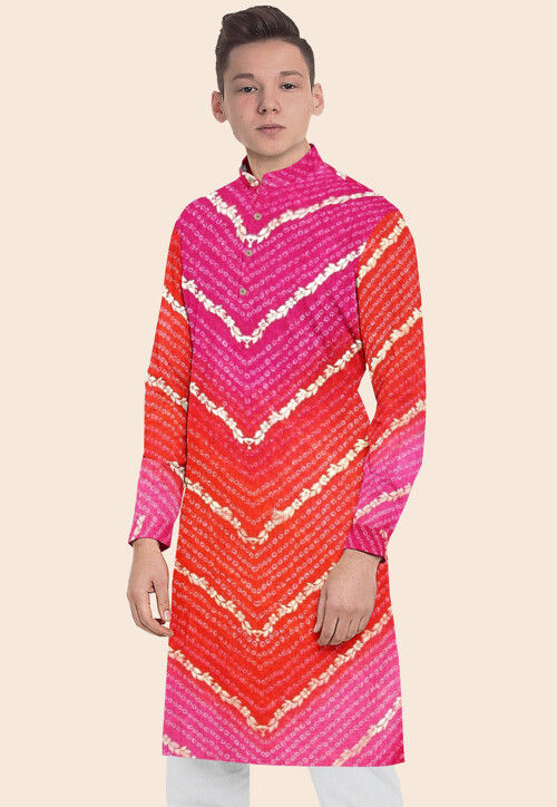Bandhej Printed Kota Silk Kurta in Shaded Orange and Pink