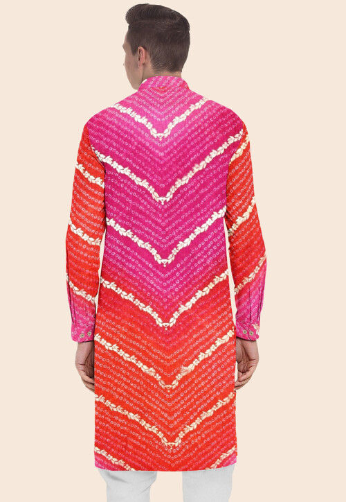 Bandhej Printed Kota Silk Kurta in Shaded Orange and Pink