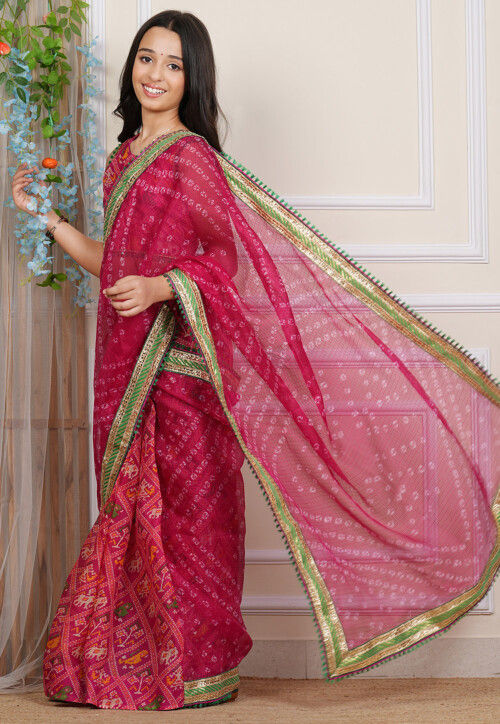 Bandhej Printed Kota Silk Saree in Fuchsia