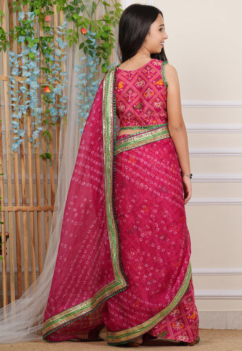 Bandhej Printed Kota Silk Saree in Fuchsia
