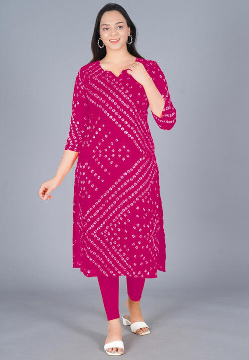 Bandhej Printed Kota Silk Straight Kurta Set in Fuchsia