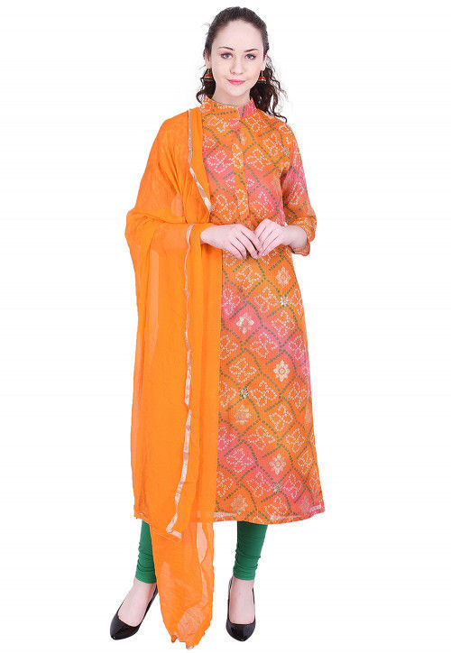 Bandhej Printed Kota Silk Straight Suit in Shaded Orange and Pink