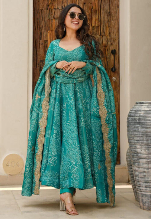 Bandhej Printed Muslin Silk A Line Suit in Teal Green