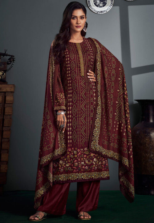 Bandhej Printed Pashmina Silk Pakistani Suit in Maroon
