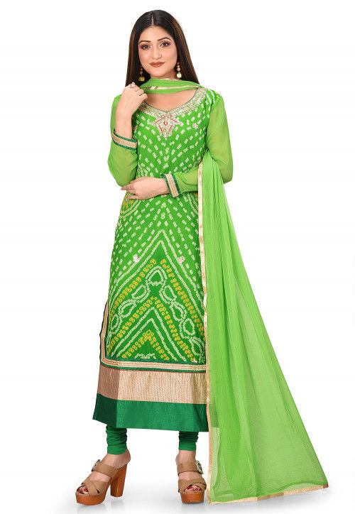 Bandhej Printed Pure Chinon Crepe Straight Suit in Light Green